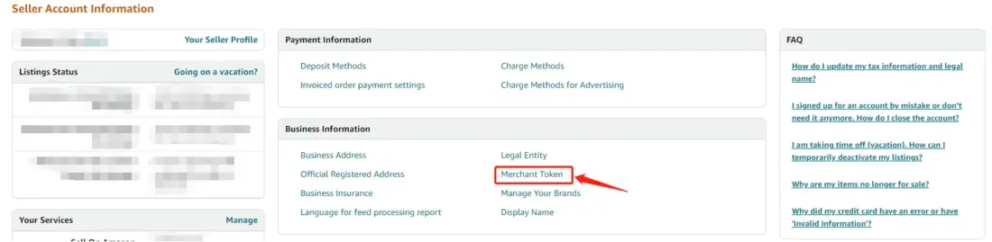 tool4seller interface showing Click on the Merchant Token and check the seller ID on the business information section.