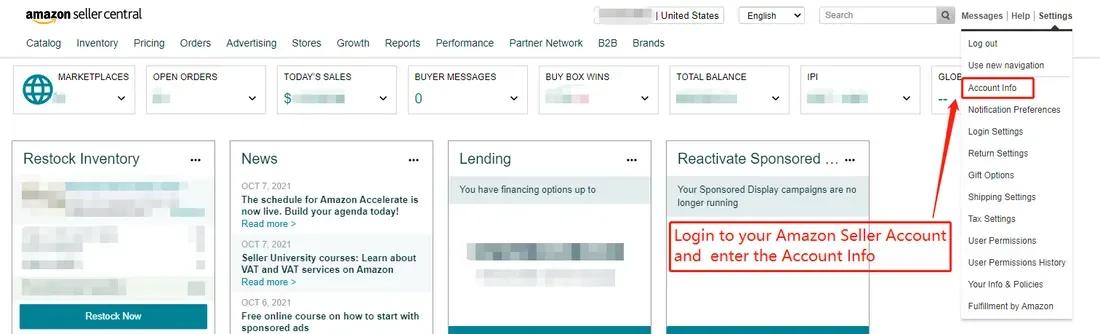 tool4seller find Amazon Merchant Token interface illustrating login your Amazon Seller Central ( ) and select the "Account Info" on the settings of your seller dashboard.