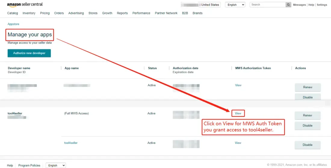 tool4seller interface showing Click on the View button on Manage your apps page just like the picture below.