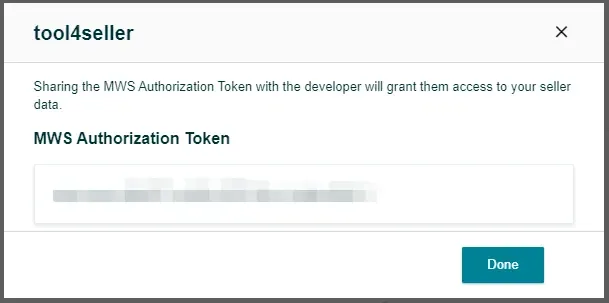 tool4seller interface showing You will see the " MWS Auth Token" on the prompt.