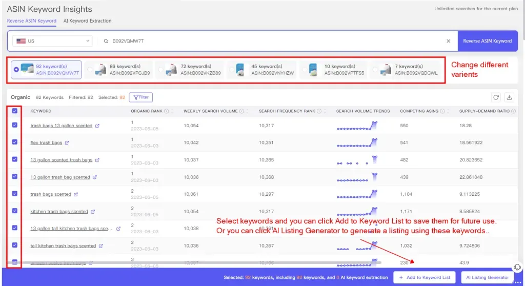 Amazon Reverse ASIN Keyword Tool interface.