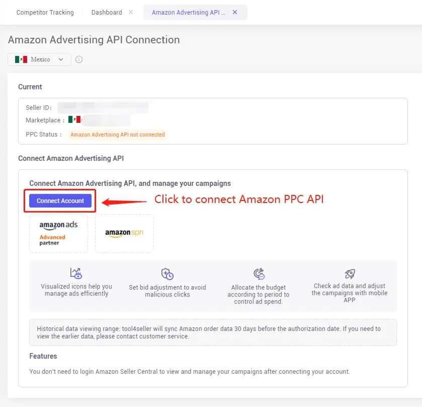 tool4seller handle a PPC authorization failure interface showing competitor Tracking and Amazon Advertising API.