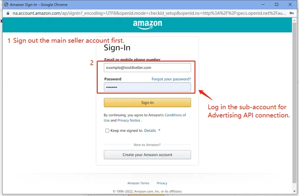 tool4seller handle a PPC authorization failure interface showing sign out the main seller account first and Advertising API connection.