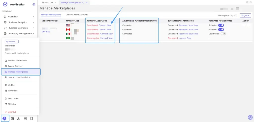 tool4seller identify your Ad source through Ad Position Campaign Identifier interface illustrating complete store authorization and advertising authorization.