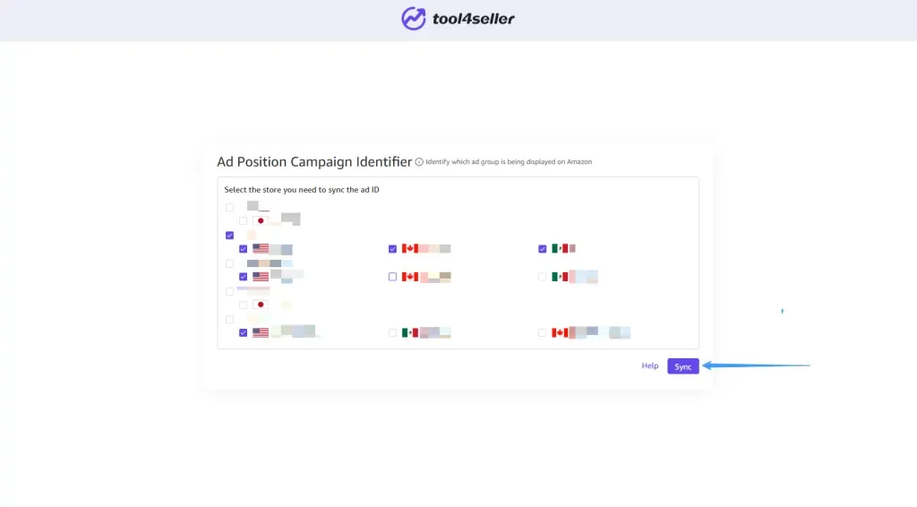tool4seller identify your Ad source through Ad Position Campaign Identifier interface illustrating in the new pop-up window, select multiple marketplaces you wish to sync and click "Sync".