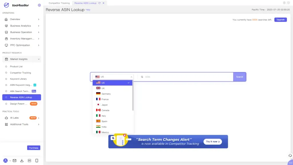 tool4seller interface showing We currently support 17 marketplaces. (US, UK, Germany, France, Japan, Canada, Italy, Spain.