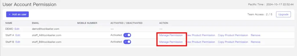 tool4seller manage user account interface showing user Account Permission and MOBLE WUMGER.