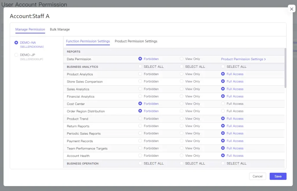tool4seller manage user account interface showing manage Permission and Bulk Manage.