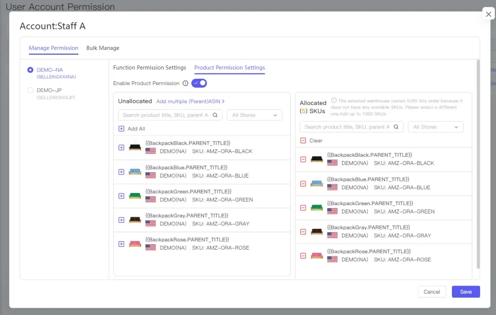 tool4seller manage user account interface showing manage Permission and Bulk Manage.