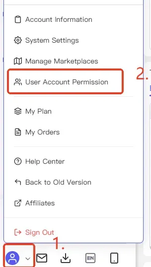 tool4seller interface showing Click on the avatar in the bottom left corner of the interface to open the system interface.
