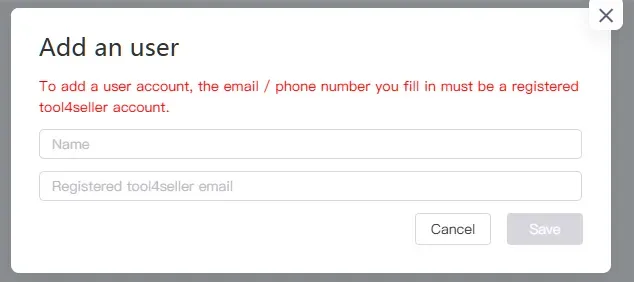 tool4seller interface showing In the input window, enter the name, registered toolseller email. Make sure your colleague has.