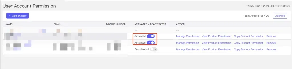 tool4seller manage user account permissions interface illustrating once added successfully, the corresponding user account will appear in the list below.