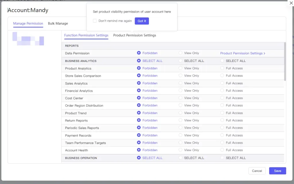 tool4seller manage user account permissions interface showing set product vis and ity permission of user account here.