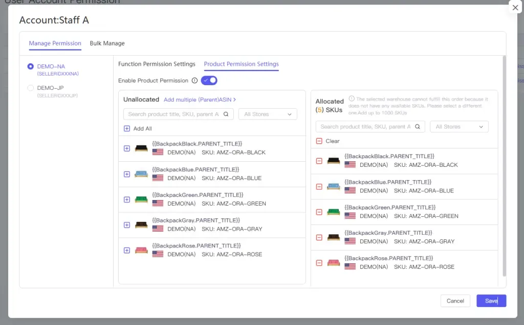 tool4seller manage user account permissions interface showing manage Permission and Bulk Manage.