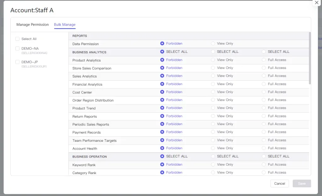 tool4seller interface showing You can also use the "Bulk Manage" tab to batch-manage permissions for multiple stores.