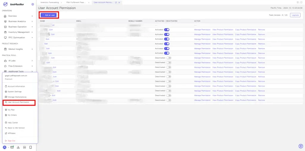 tool4seller manage user account interface illustrating click on your account avatar at the bottom left of the system interface.