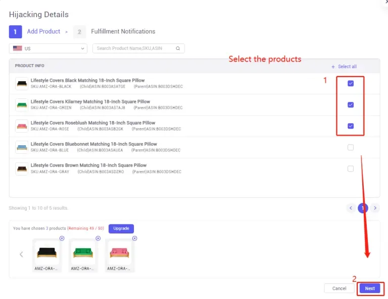 tool4seller monitor your listings from Hijacking Alerts to protect my brand interface illustrating select the products you want to monitor the haijacking status.