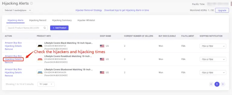 tool4seller monitor your listings from Hijacking Alerts to protect my brand interface illustrating click the "Hijacking Details" for the hijacking record and hijackers' ID.