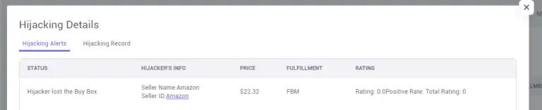 tool4seller monitor your listings from Hijacking Alerts to protect my brand interface showing hijacking Details and ing Alerts.