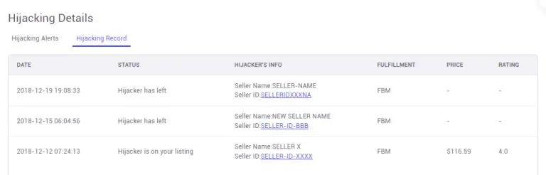 tool4seller monitor your listings from Hijacking Alerts to protect my brand interface showing hijacking Details and Hijacking Alerts.