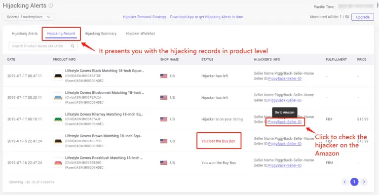 tool4seller monitor your listings from Hijacking Alerts to protect my brand interface illustrating you can check the hijackers' price, rating, and fulfillment methods in history.