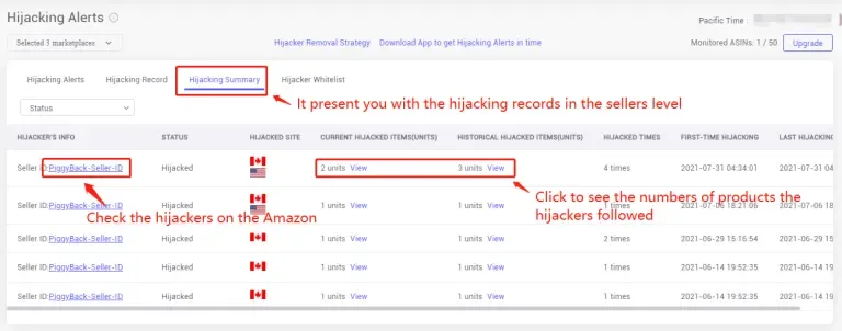 tool4seller monitor your listings from Hijacking Alerts to protect my brand interface illustrating it presents you with the hijacking records at the hijackers (sellers) level under the "Hijacking.