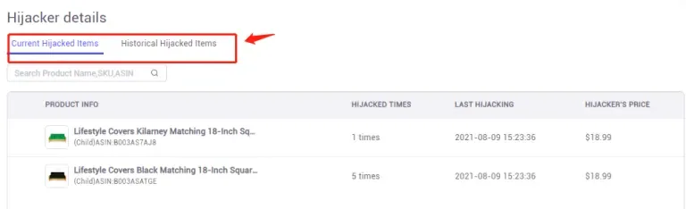tool4seller monitor your listings from Hijacking Alerts to protect my brand interface illustrating click the "View" under the current hijacked item or historical hijacked items to view more.