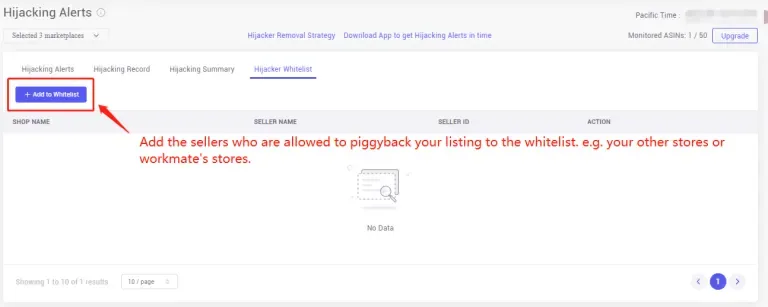 tool4seller monitor your listings from Hijacking Alerts to protect my brand interface showing hijacking Alerts and ace Tne.
