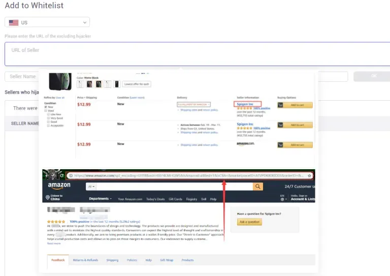 tool4seller monitor your listings from Hijacking Alerts to protect my brand interface showing add to Whitelist and Seller who hia.
