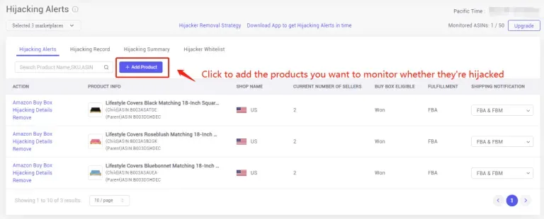 tool4seller monitor your listings from Hijacking Alerts to protect my brand interface illustrating click the "+ Add Product" to add to the hijacking alerts list so that when your product and listing.