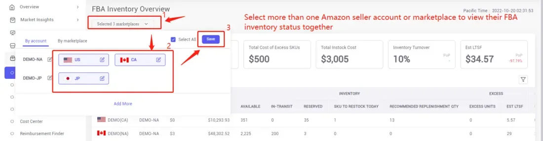 tool4seller navigate the FBA Inventory Overview to track my stock interface illustrating select the seller accounts (Amazon shops) or multiple marketplaces first, then view the FBA inventory.