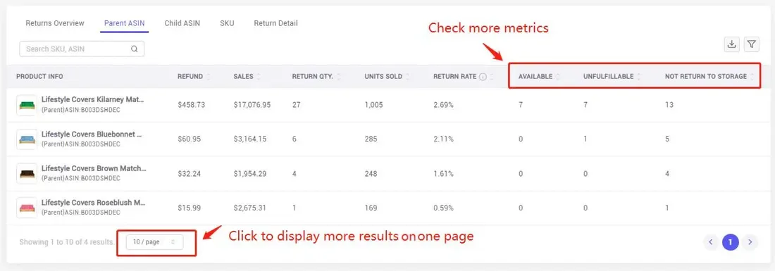 tool4seller navigate the Return Reports and analysis to reduce loss interface illustrating you can also display more results on one page.