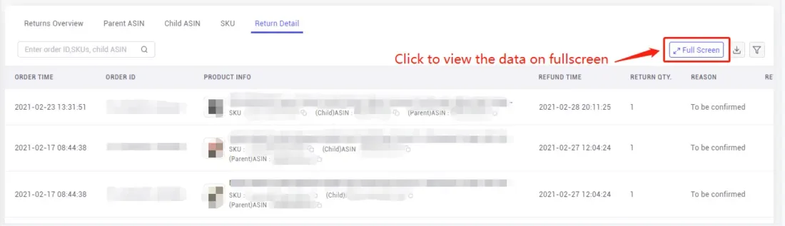 tool4seller navigate the Return Reports and analysis to reduce loss interface illustrating click the "Full Screen" button to view all the data immersively.