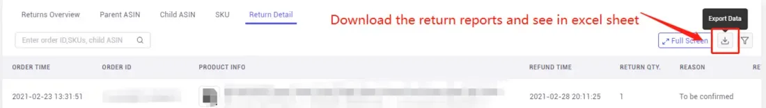 tool4seller navigate the Return Reports and analysis to reduce loss interface illustrating or download the report and check it in the spreadsheet.