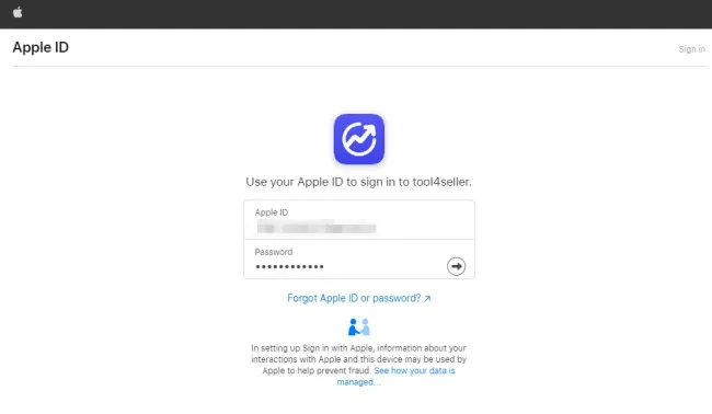 tool4seller register my tool4seller account interface showing apple ID and signin to toolset.