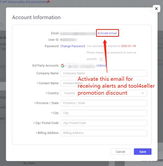 tool4seller register my tool4seller account interface showing account Information and User ID.