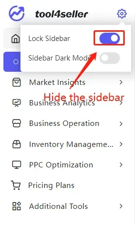 tool4seller register my tool4seller account interface showing lock Sidebar and Sidebar Dark Mod.