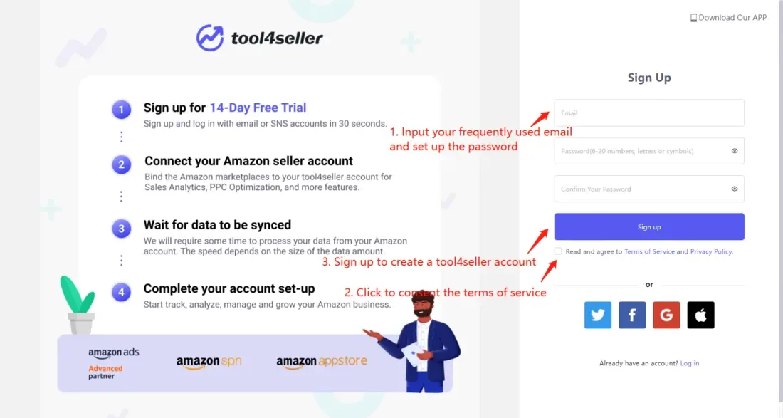 tool4seller register my tool4seller account interface illustrating enter this website ( ) or download tool4seller app on the Google Play Store or Apple Store.