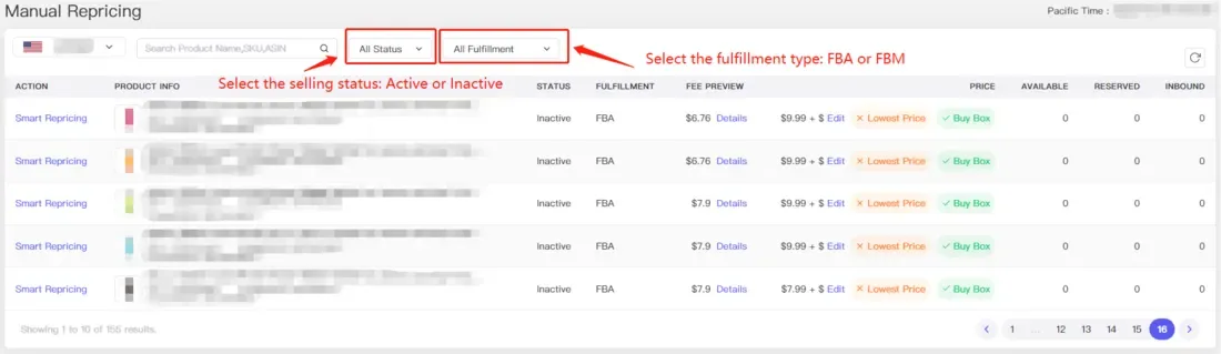 tool4seller interface showing Click the tab to filter the product that sells at FBM or FBA.