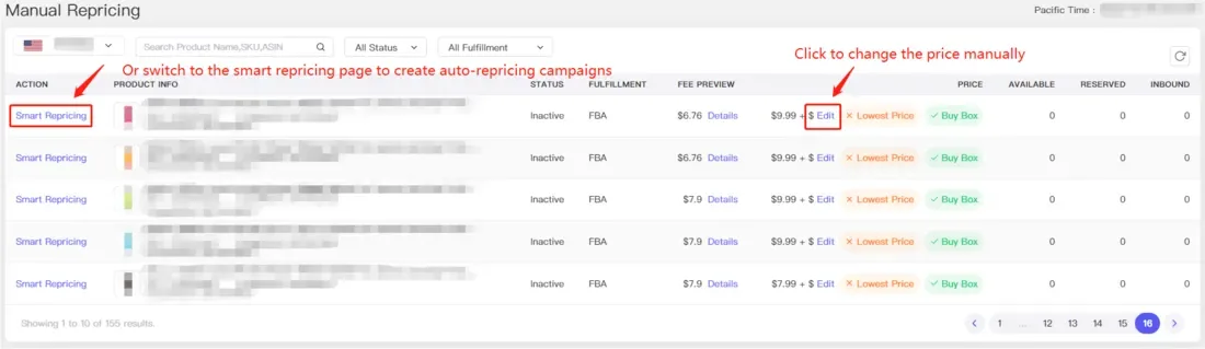 tool4seller interface showing Click the "Edit" button to reprice your product. And you can create an auto-repricing campaign.