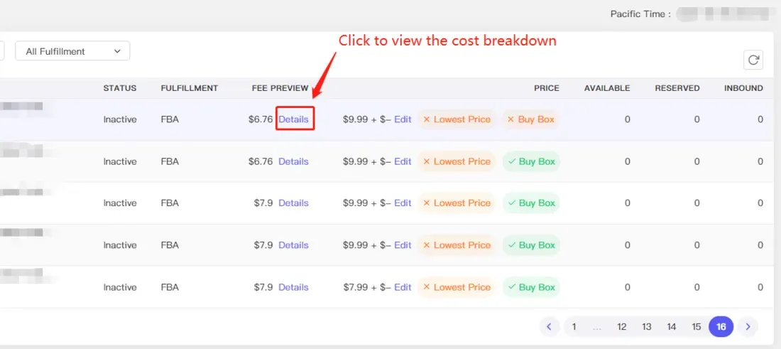tool4seller reprice my products manually to stay competitive interface showing pacific Time and Click to view the cost breakdown.