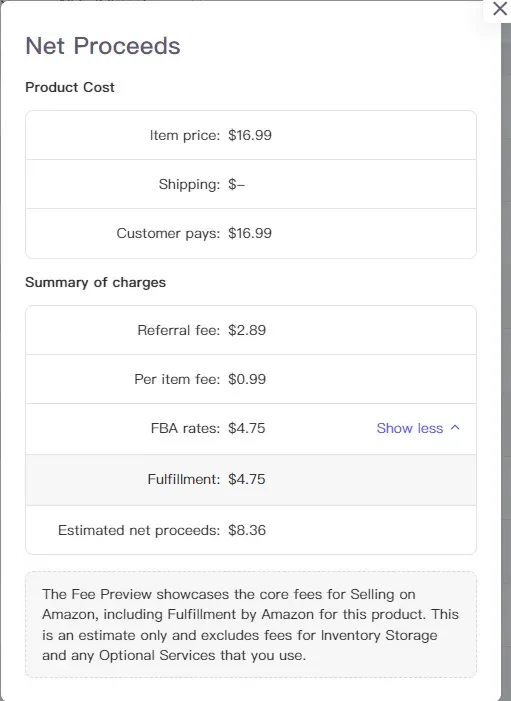 tool4seller reprice my products manually to stay competitive interface showing net Proceeds and Product Cost.