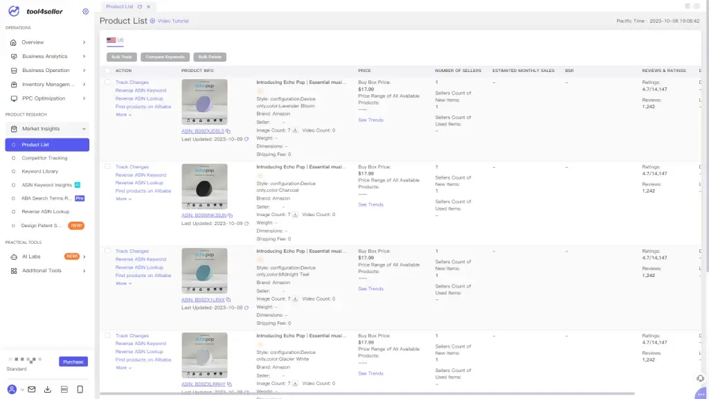 tool4seller Product List interface.