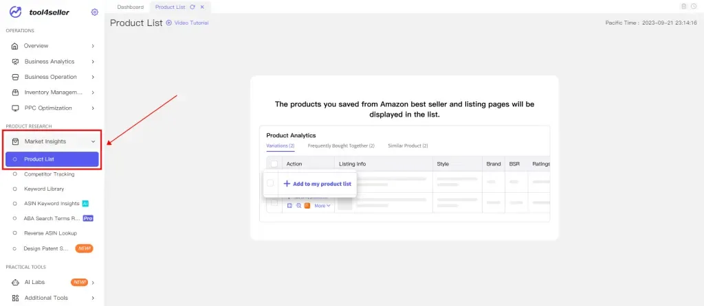 tool4seller interface showing How to use Product List for product research on Amazon.