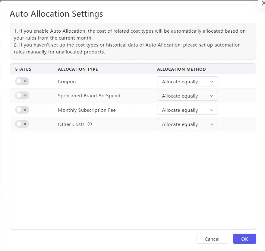 tool4seller interface showing Auto allocation settings.