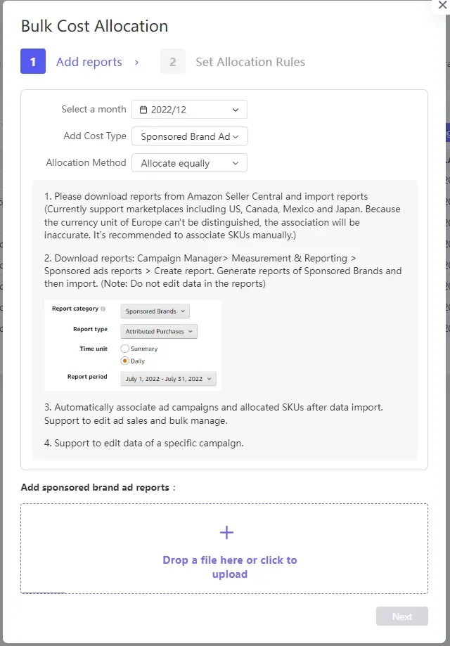 tool4seller interface showing bulk cost allocation.