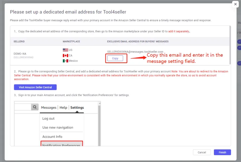tool4seller interface showing Copy the email the tool4seller system provided and go to Amazon seller central by clicking.