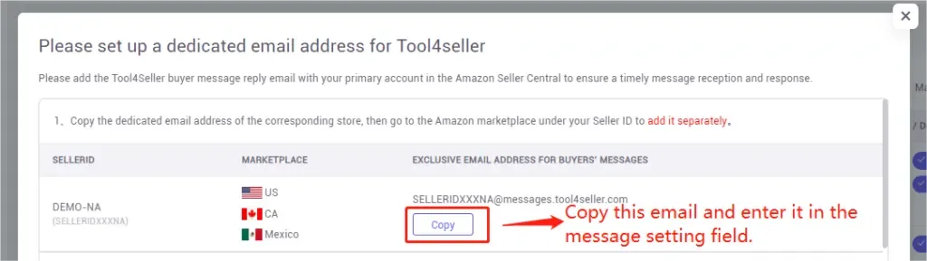 tool4seller set up emails for Buyer Message Reply to improve service interface showing eXCLUSIVE EMAIL ADDRESS FOR BUYERS' MESSAGES and SEusnmoUNAGmessages tole.