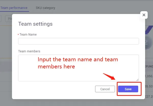 tool4seller set up Team Performance Targets to motivate my staff interface showing team settings and Team Name.