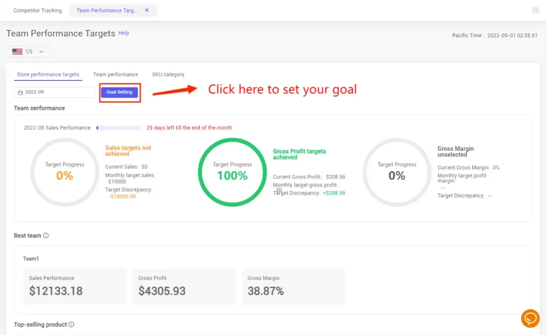 tool4seller set up Team Performance Targets to motivate my staff interface illustrating login to your tool4seller, and select the "Team Performance Targets" under the "Business Analytics" tab.